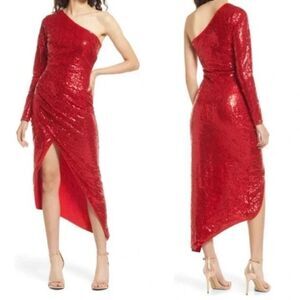 LULU’S Deja Vu Red Sequin One-Shoulder Long Sleeve Gown Size Medium NWT